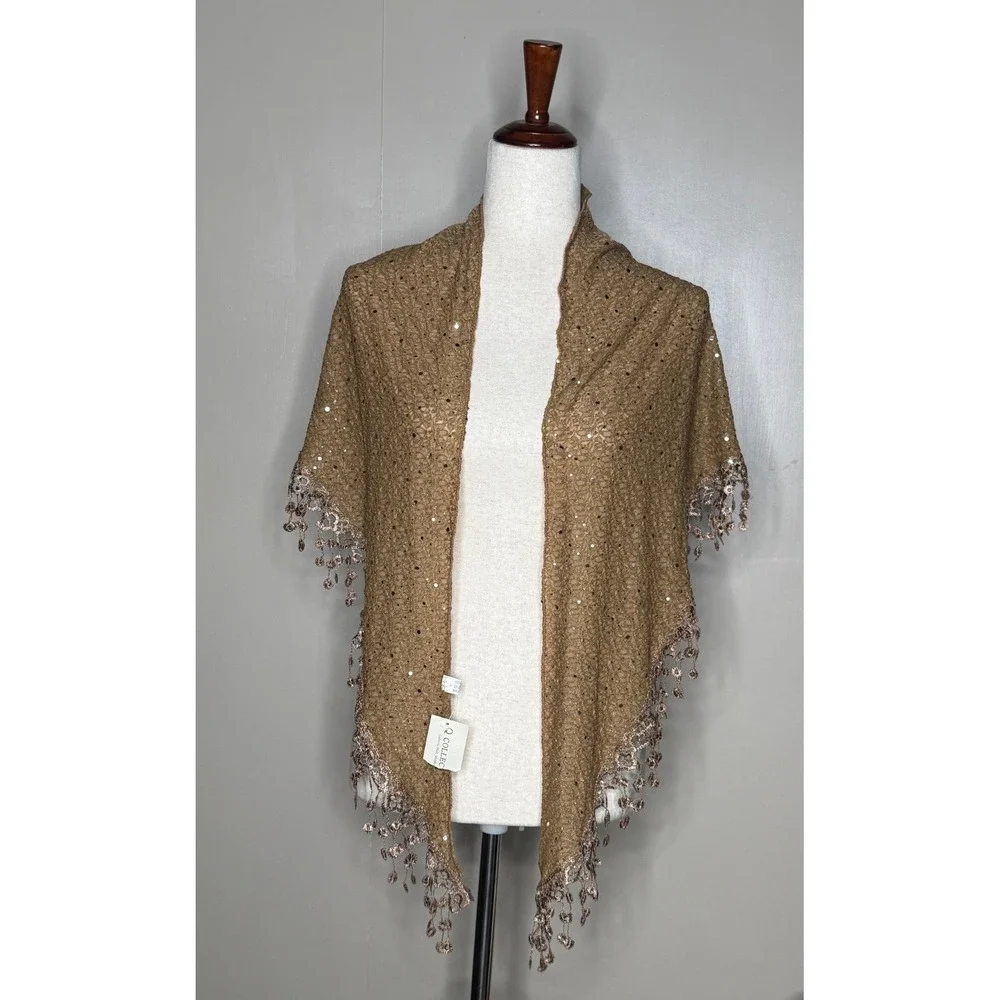 NWT R Collection Brown Bronze Sequin Crochet Triangle Shawl Fringe Wrap